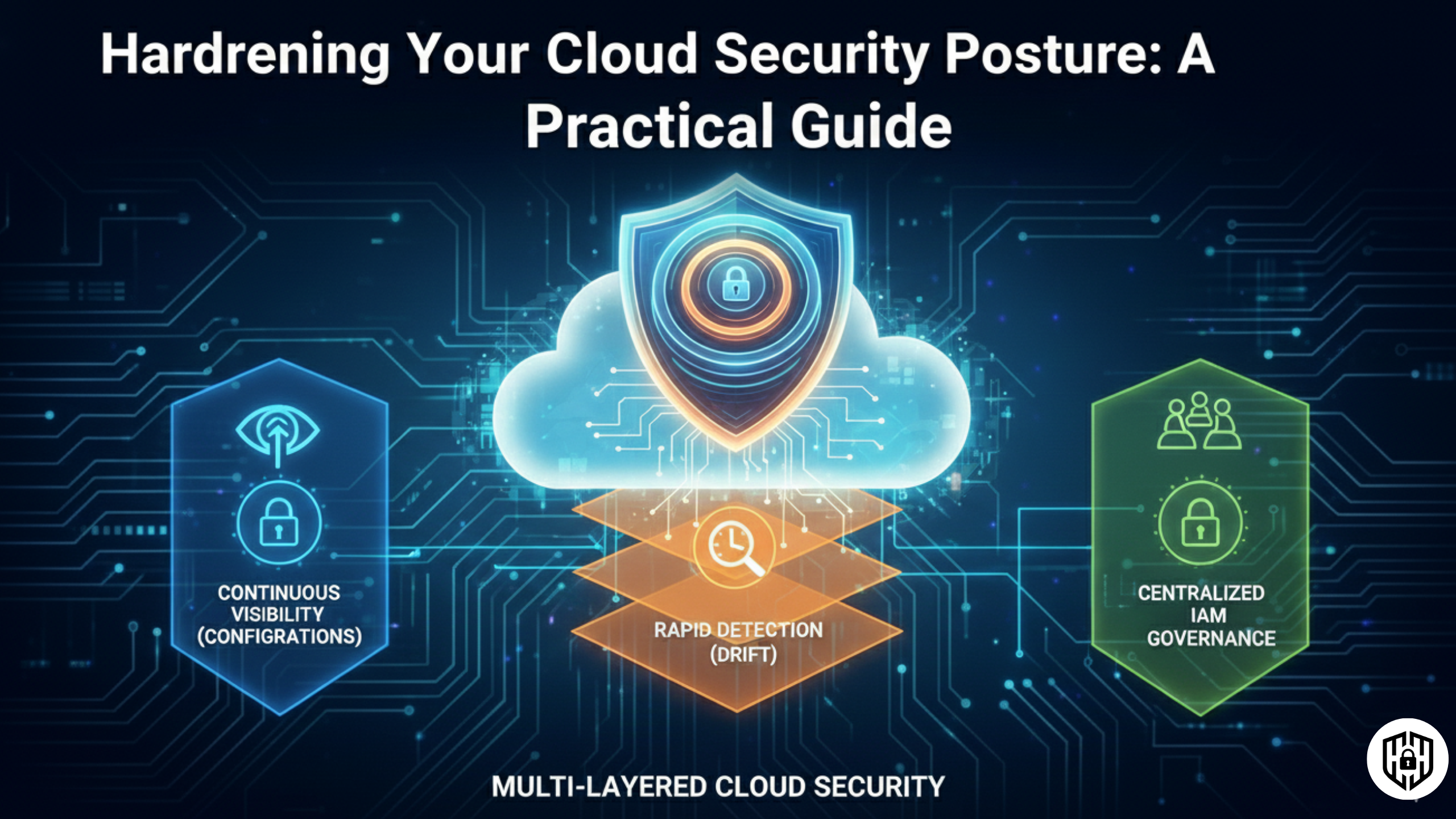 Cloud infrastructure illustration with security shields