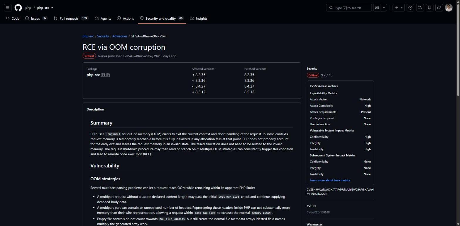 The GitHub security advisory GHSA-w8hw-w9fx-j79w titled RCE via OOM corruption, showing a Critical 9.2 CVSS v4 score and affected versions below 8.2.35, 8.3.36, 8.4.27 and 8.5.12