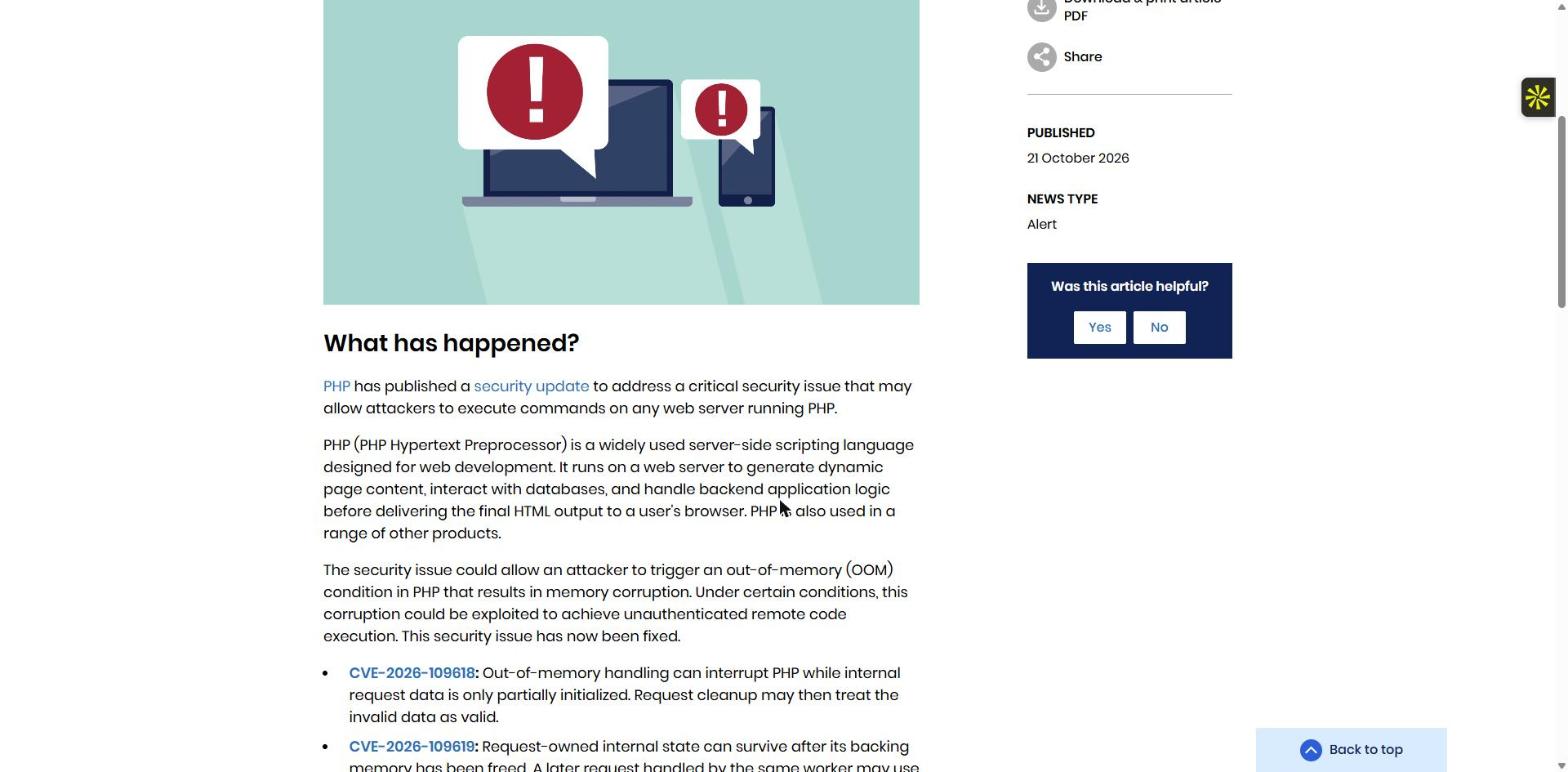The NCSC alert titled Critical security issue affecting PHP, published 21 October 2026, explaining the out-of-memory memory corruption issue