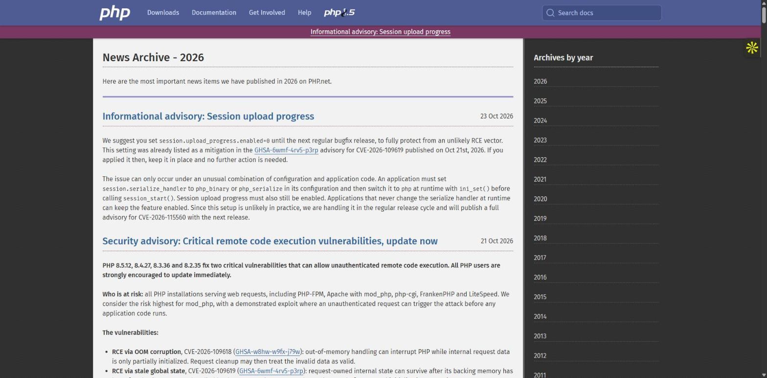 The PHP.net news archive showing the 21 October 2026 security advisory for two critical remote code execution vulnerabilities