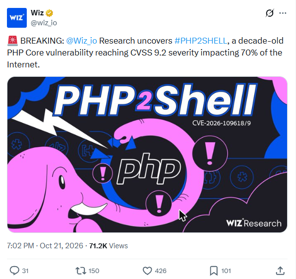 Wiz's X post announcing PHP2Shell, dated 21 October 2026, describing a decade-old PHP core vulnerability with CVSS 9.2 severity
