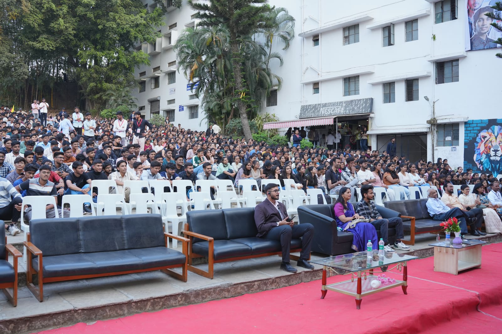 A large student crowd at a college fest talk