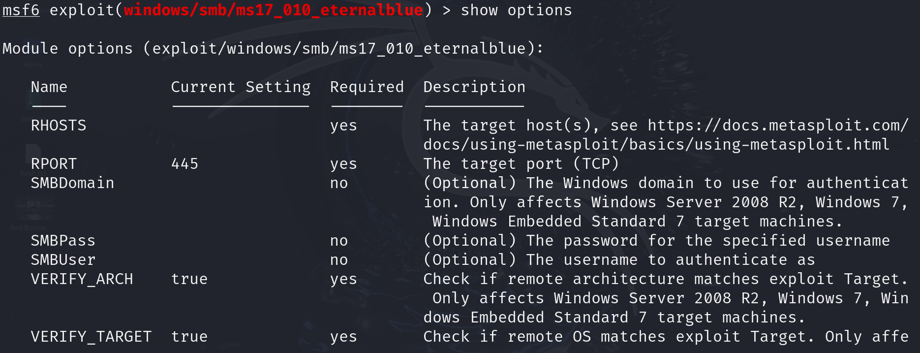 metasploit show options command. ethical hacking series