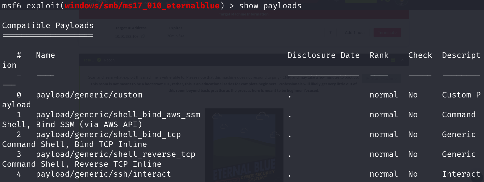 Metasploit show payloads command. ethical hacking series