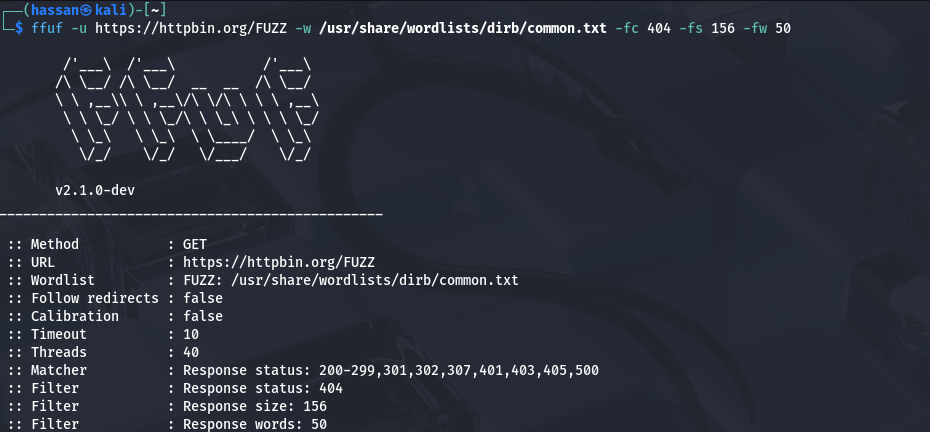 ffuf with filter code match code and filter line or words