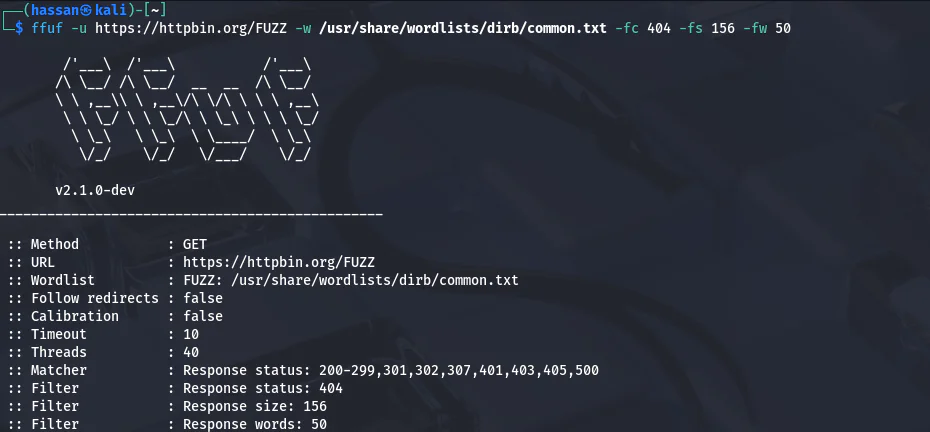 ffuf with filter code match code and filter line or words